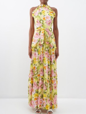 BORGO DE NOR Tatiana floral-print ruffled silk-crepe maxi dress in yellow – luxury fruit print ruffle trim dresses