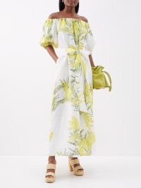 BERNADETTE Zara off-the-shoulder floral-print linen dress – white and yellow floral bardot dresses – belted tie waist – summer clothes – feminine holiday fashion