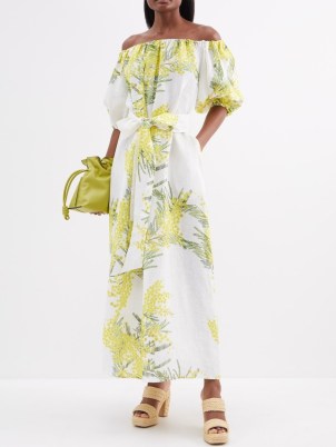 BERNADETTE Zara off-the-shoulder floral-print linen dress – white and yellow floral bardot dresses – belted tie waist – summer clothes – feminine holiday fashion - flipped