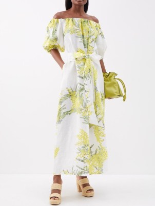 BERNADETTE Zara off-the-shoulder floral-print linen dress – white and yellow floral bardot dresses – belted tie waist – summer clothes – feminine holiday fashion