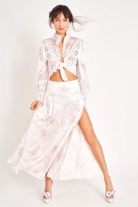LoveShackFancy Ziggy Silk Maxi Skirt in Angelic Pink | silky floral thigh high split skirts | luxury fashion | slinky fluid clothes | feminine clothing | luxe looks | slit hem
