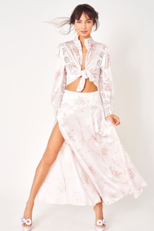 LoveShackFancy Ziggy Silk Maxi Skirt in Angelic Pink | silky floral thigh high split skirts | luxury fashion | slinky fluid clothes | feminine clothing | luxe looks | slit hem - flipped