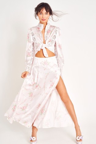 LoveShackFancy Ziggy Silk Maxi Skirt in Angelic Pink | silky floral thigh high split skirts | luxury fashion | slinky fluid clothes | feminine clothing | luxe looks | slit hem