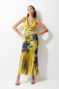Karen Millen Abstract Slinky Jacquard Knitted Maxi Shredded Hem Dress in Yellow | sleeveless plunge front occasion dresses | glamorous event clothing | fringed hemline | floral evening clothes | party glamour | plunging necklines