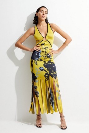Karen Millen Abstract Slinky Jacquard Knitted Maxi Shredded Hem Dress in Yellow | sleeveless plunge front occasion dresses | glamorous event clothing | fringed hemline | floral evening clothes | party glamour | plunging necklines - flipped