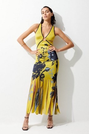 Karen Millen Abstract Slinky Jacquard Knitted Maxi Shredded Hem Dress in Yellow | sleeveless plunge front occasion dresses | glamorous event clothing | fringed hemline | floral evening clothes | party glamour | plunging necklines