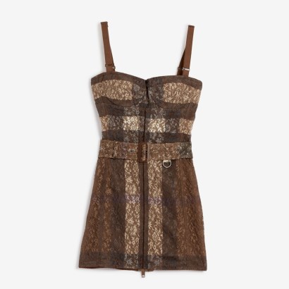 BURBERRY Check Lace Belted Corset Dress in Dark Birch Brown ~ strappy lingerie style dresses ~ women’s luxury evening fashion ~ luxe fitted occasion clothing ~ form fitting designer clothes - flipped