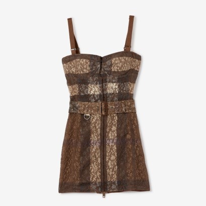 BURBERRY Check Lace Belted Corset Dress in Dark Birch Brown ~ strappy lingerie style dresses ~ women’s luxury evening fashion ~ luxe fitted occasion clothing ~ form fitting designer clothes