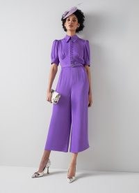 L.K. BENNETT Aldous Purple Diamante Buckle Belted Jumpsuit ~ women’s cropped leg occasion jumpsuits ~ womens all-in-one summer occasion clothes