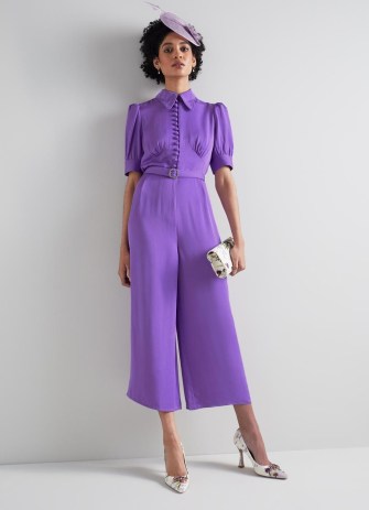 L.K. BENNETT Aldous Purple Diamante Buckle Belted Jumpsuit ~ women’s cropped leg occasion jumpsuits ~ womens all-in-one summer occasion clothes - flipped