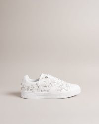 TED BAKER Alline Embroidered Cupsole Sneaker / white and silver floral sneakers / women’s floral motif trainers