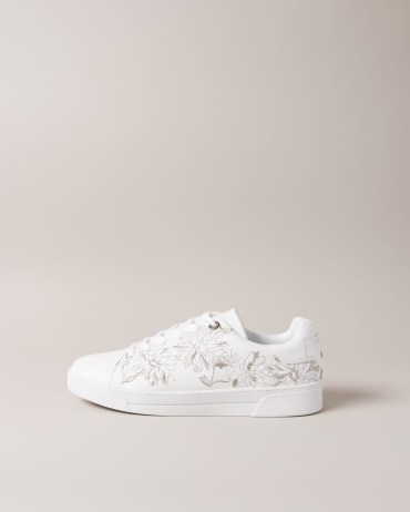 TED BAKER Alline Embroidered Cupsole Sneaker / white and silver floral sneakers / women’s floral motif trainers - flipped