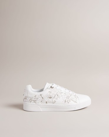 TED BAKER Alline Embroidered Cupsole Sneaker / white and silver floral sneakers / women’s floral motif trainers
