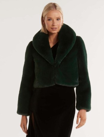 FOREVER NEW Amera Crop Faux Fur Coat in Green / women’s cropped coats / glamorous evening jacket / womens fluffy fake fur jackets - flipped