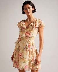 TED BAKER Ammiah Frilled Floral V Neck Mini Dress in Tan / floaty ruffle detail dresses / feminine clothes