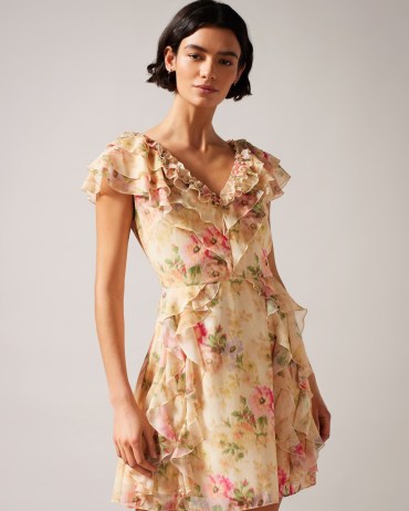 TED BAKER Ammiah Frilled Floral V Neck Mini Dress in Tan / floaty ruffle detail dresses / feminine clothes - flipped