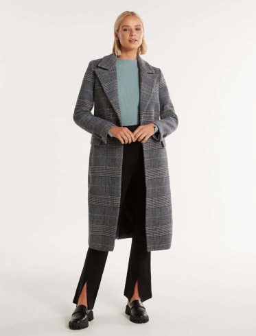 FOREVER NEW Archie Fitted Check Coat in Grey / women’s ckecked longline coats - flipped