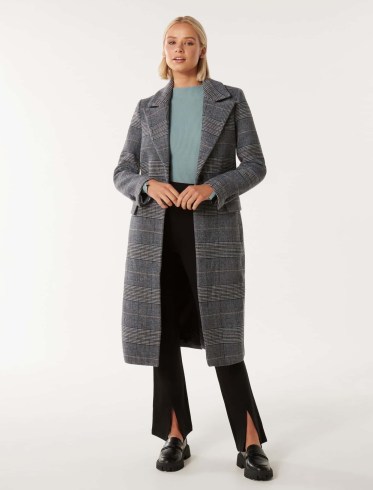 FOREVER NEW Archie Fitted Check Coat in Grey / women’s ckecked longline coats