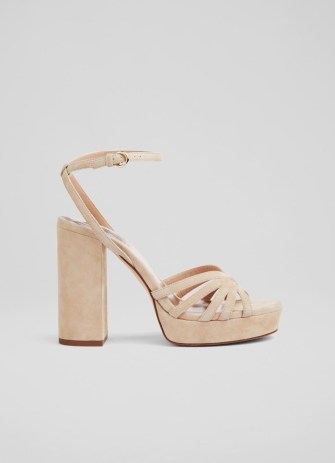 L.K. Bennett Attie Beige Suede Strappy Platform Sandals | luxury block heel platforms | women’s 1970s retro style high heels | womens 70s vintage look shoes - flipped
