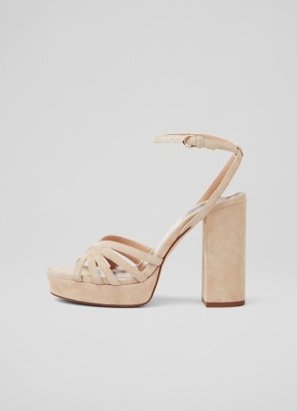 L.K. Bennett Attie Beige Suede Strappy Platform Sandals | luxury block heel platforms | women’s 1970s retro style high heels | womens 70s vintage look shoes
