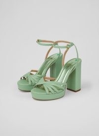 L.K. BENNETT Attie Green Leather Strappy Platform Sandals – luxury block heel platforms – 70s style ankle strap shoes