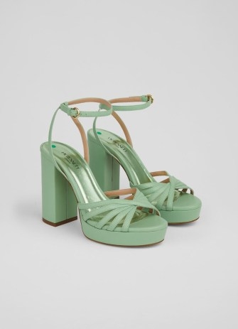 L.K. BENNETT Attie Green Leather Strappy Platform Sandals – luxury block heel platforms – 70s style ankle strap shoes - flipped