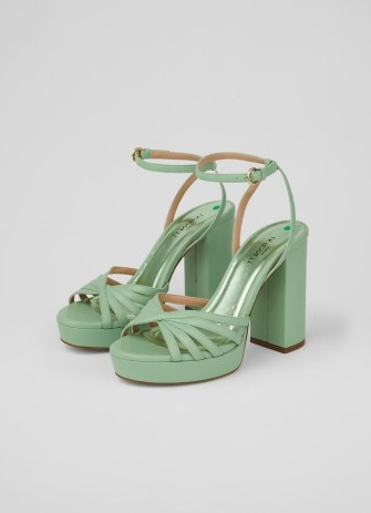 L.K. BENNETT Attie Green Leather Strappy Platform Sandals – luxury block heel platforms – 70s style ankle strap shoes