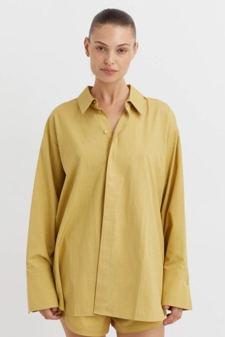 CAMILLA AND MARC Avani Oversized Shirt in Soft Mustard Yellow – women’s relaxed fit shirts – curved dip hem - flipped