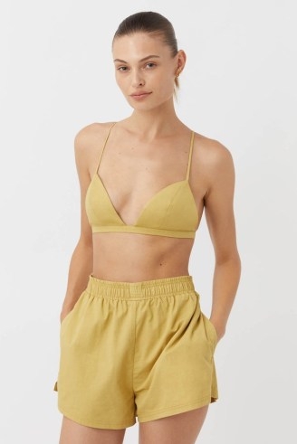 CAMILLA AND MARC Avani Triangle Cotton Bralette in Soft Mustard Yellow – skinny shoulder strap bralettes - flipped