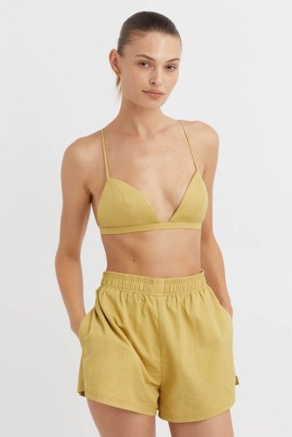 CAMILLA AND MARC Avani Triangle Cotton Bralette in Soft Mustard Yellow – skinny shoulder strap bralettes