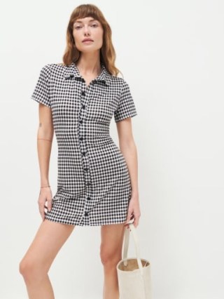 Reformation Avely Knit Dress in April Check / checked short sleeve collared mini dresses - flipped