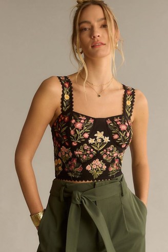 Ranna Gill Embroidered Bustier in Black Motif / floral bustiers / fitted shoulder strap tops - flipped
