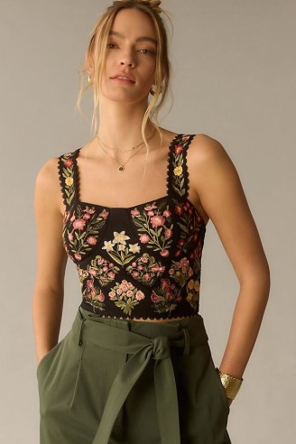 Ranna Gill Embroidered Bustier in Black Motif / floral bustiers / fitted shoulder strap tops