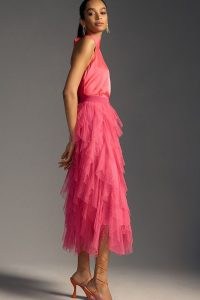 Tesia Ruffled Tulle Midi Skirt in Raspberry | pink layered tiered skirts | semi sheer net clothing