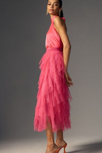 Tesia Ruffled Tulle Midi Skirt in Raspberry | pink layered tiered skirts | semi sheer net clothing - flipped