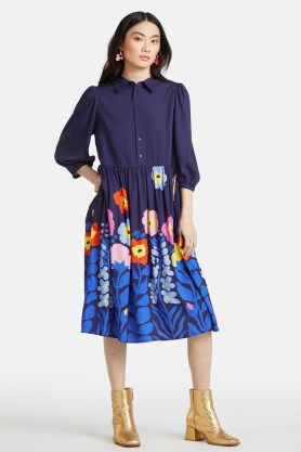 gorman Backyard Placement Dress / tonal blue floral print collared dresses - flipped