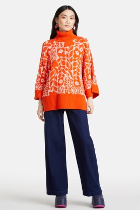 gorman Backyard Poncho in Orange / floral high neck ponchos / women’s wide sleeve relaxed fit jumpers / bright knitwear / side split hem - flipped