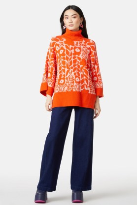 gorman Backyard Poncho in Orange / floral high neck ponchos / women’s wide sleeve relaxed fit jumpers / bright knitwear / side split hem