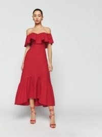 Reformation Baela Linen Dress in Cherry ~ red ruffled bardot dresses ~ off the shoulder occasion clothing ~ romantic summer event fashion