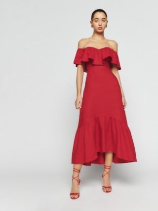 Reformation Baela Linen Dress in Cherry ~ red ruffled bardot dresses ~ off the shoulder occasion clothing ~ romantic summer event fashion - flipped