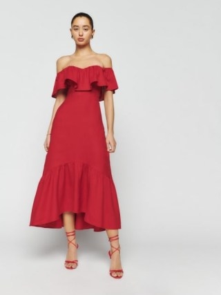 Reformation Baela Linen Dress in Cherry ~ red ruffled bardot dresses ~ off the shoulder occasion clothing ~ romantic summer event fashion