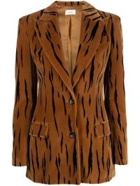 Bally Brown tiger-print double-breasted velvet blazer – women’s luxury animal printed blazers – womens plush jackets