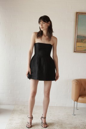 Aje Baret Strapless Mini Dress in Black ~ bandeau fit and flare ~ prom style party dresses ~ fitted bodice with full tulip skirt ~ understated LBD ~ chic cocktail clothes - flipped