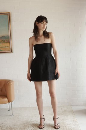 Aje Baret Strapless Mini Dress in Black ~ bandeau fit and flare ~ prom style party dresses ~ fitted bodice with full tulip skirt ~ understated LBD ~ chic cocktail clothes