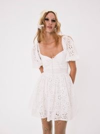 For Love & Lemons Jocelyn Mini Dress in White – embroidered cut out dresses – floral summer fashion – short sleeve fit and flare – women’s feminine cotton clothes