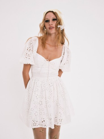For Love & Lemons Jocelyn Mini Dress in White – embroidered cut out dresses – floral summer fashion – short sleeve fit and flare – women’s feminine cotton clothes - flipped