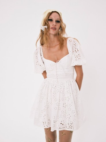 For Love & Lemons Jocelyn Mini Dress in White – embroidered cut out dresses – floral summer fashion – short sleeve fit and flare – women’s feminine cotton clothes