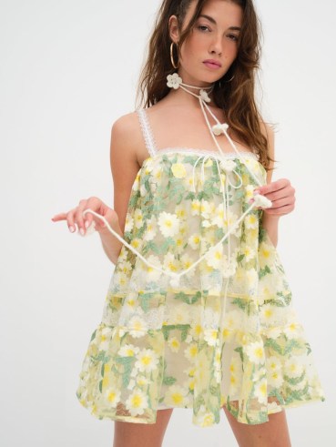 For Love & Lemons Rachel Mini Dress in Green – feminine and flirty floral fashion – sheer overlay babydoll dresses – ruffled lace shoulder straps – white and yellow embroidered flowers - flipped