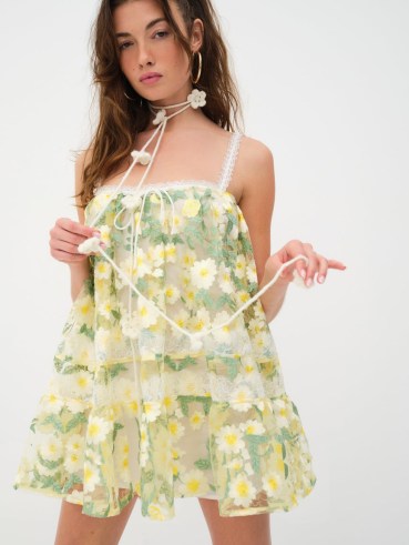 For Love & Lemons Rachel Mini Dress in Green – feminine and flirty floral fashion – sheer overlay babydoll dresses – ruffled lace shoulder straps – white and yellow embroidered flowers