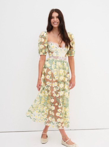 For Love & Lemons Carson Midi Dress in Green – sheer short sleeve floral embroidered dresses – feminine puff sleeve fashion - flipped